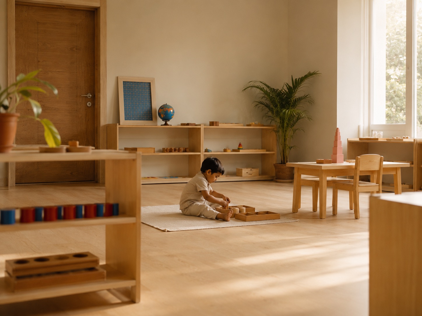 Inside The Aangan: a child absorbed in a wooden activity tray in a calm, light-filled Montessori room