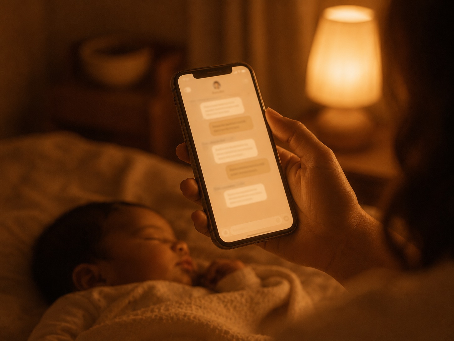 A phone held up at night showing a gentle, reassuring reply to a parent's question, with a sleeping baby softly visible below in warm lamplight