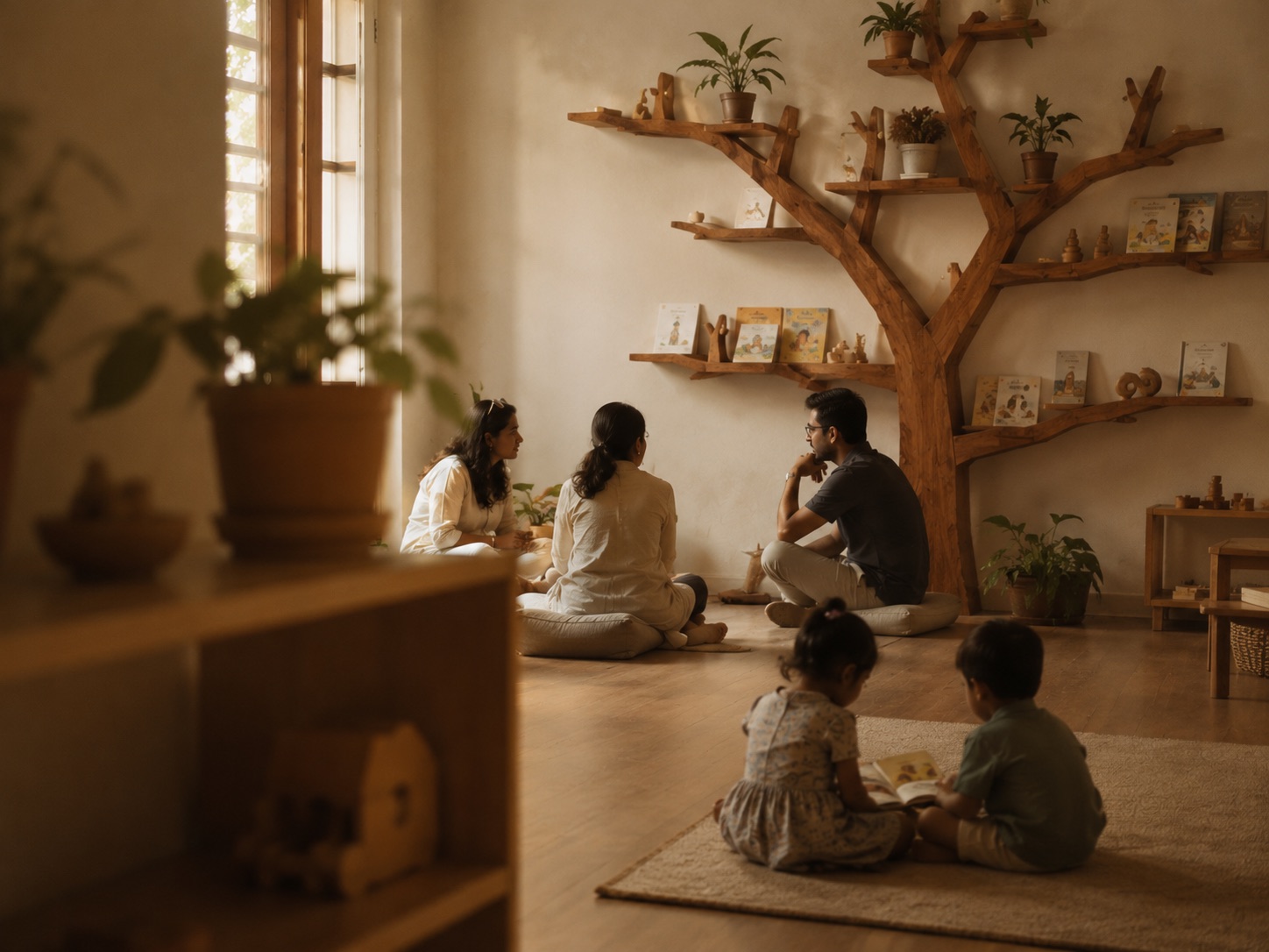 Parents sitting on floor cushions in easy conversation beneath a tree-shaped bookshelf while two children read nearby